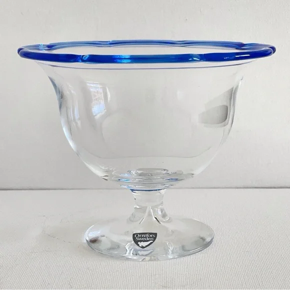 Vintage Orrefors Sweden Crystal Compote Bowl Cobalt Blue Rim Pedestal Dish - Picture 3 of 12
